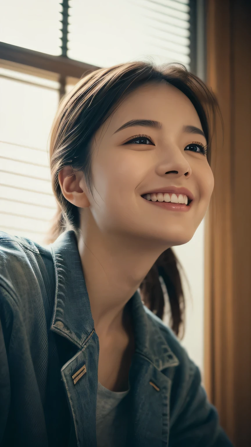 (highest quality,masterpiece:1.3,Ultra-high resolution),(Very detailed,Caustics,8k),(Realistic:1.4,RAW shooting),1 girl,(smile and look down at the camera),(Front shot:1.1),(look forward to),18-year-old,cute,Japanese,Black short ponytail,,glamorous,(big ),( close),street,sunlight,Natural light,sunlight,Professional Writing,(Cowboy Shot),(Low position:1.3),(Low Angle:1.3)