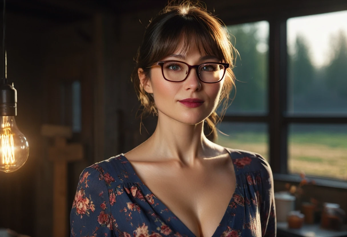 Sun on a farm; volumetric lighting, spectacular, ambient lights, luminous colors, cinematic atmosphere, realism style, intricate details in high capture. ((best quality: 1.4, 8k)), (((ultra-high resolution, physics-based rendering. (((The main scene is wide-angle f/1.2, full-length woman, rough appearance, contemporary style, eyes blue; light brunette, 38 years old, wearing square glasses ))); small, well-focused eyes; thin, detailed eyebrows (dark brown hair half-combed, bangs), very detailed skin texture, slight dimple on the face without makeup, mouth. small with burgundy lipstick 1.4, long dress 1.6 )) ), ((normal body thin abdomen, narrow waist, sharp and clear facial features)); (radiant expression: 1.3, looking at the right side of the scene: 1.2), (( (completely semi-dark background)slight cleavage in front: 1.8)), legs in front of each other: 1, 4, ((exposed detail: 1.4, full frontal position of the scene 1.5)), ((Many bright and colorful particles are flying: 1.5, backlit )).
