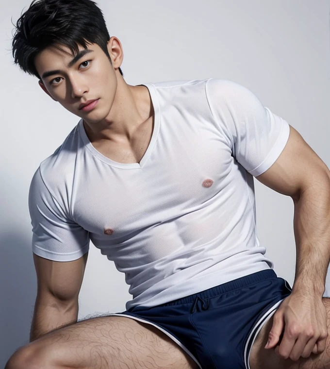 1 handsome  naked Japanese guy ，sexy posture, A 20 year-old man wearing a bare chest shirt and show dick shorts stands against a white background, navy blue, navy blue, Sports T-shirt, blue, show dick Sportswear, Magnificent sexy clothes, Sportswear, short sleeves, Jinjinshen blue clothes, short young man, Tennis wear, Wearing a track suit, dark blue decorative clothing，Masculine，bare chest, handsome，High，Muscles look good，hairy body，sexy expression, Wheat complexion，black eyes（thin eyes 1：3），Full body image, show dick, perfect dick shape, erection,detailed dich, masturbate, big juicy butts, open legs