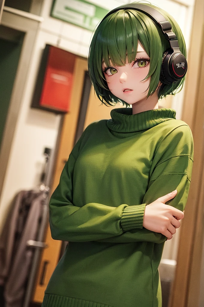 Green Hair　Short Hair　Red Eyes　　Yellow-green sweater　Yellow-green cat ear headphones
