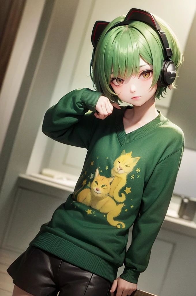 Green Hair　Short Hair　Red Eyes　　Yellow-green sweater　Yellow-green cat ear headphones
