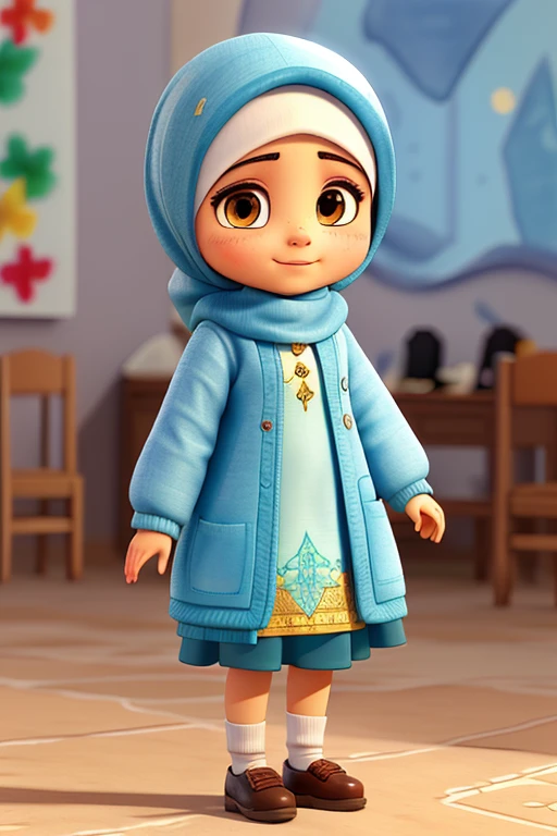 Title: Cici in a Playful Scene Description: Create an animated, Pixar-style image featuring Cici, a 5-. - Cici: - Gender: Female - Clothing: Islamic dress with hijab, long white cardigan, and hijab in pastel colours (pink and cream), Don't show the hair, because she's wearing hijab and neck is covered with hijab too. - Appearance: Bright Asian skin, bright cream eyes. - Personality: Cheerful and kind. - Hobbies: Reading storybooks and playing with Barbie dolls (like dressing them up). Background: An academic or laboratory setting, detailed and rendered in the style of a Pixar animation. Scene: The image should capture a playful moment where Cici might be reading or playing with a Barbie doll. Colors: Pastel pink and cream elements for Cici. The overall tone should be bright and cheerful. Additional Notes: Ensure the image is highly detailed and captures the distinct personality and hobbies of Cici.