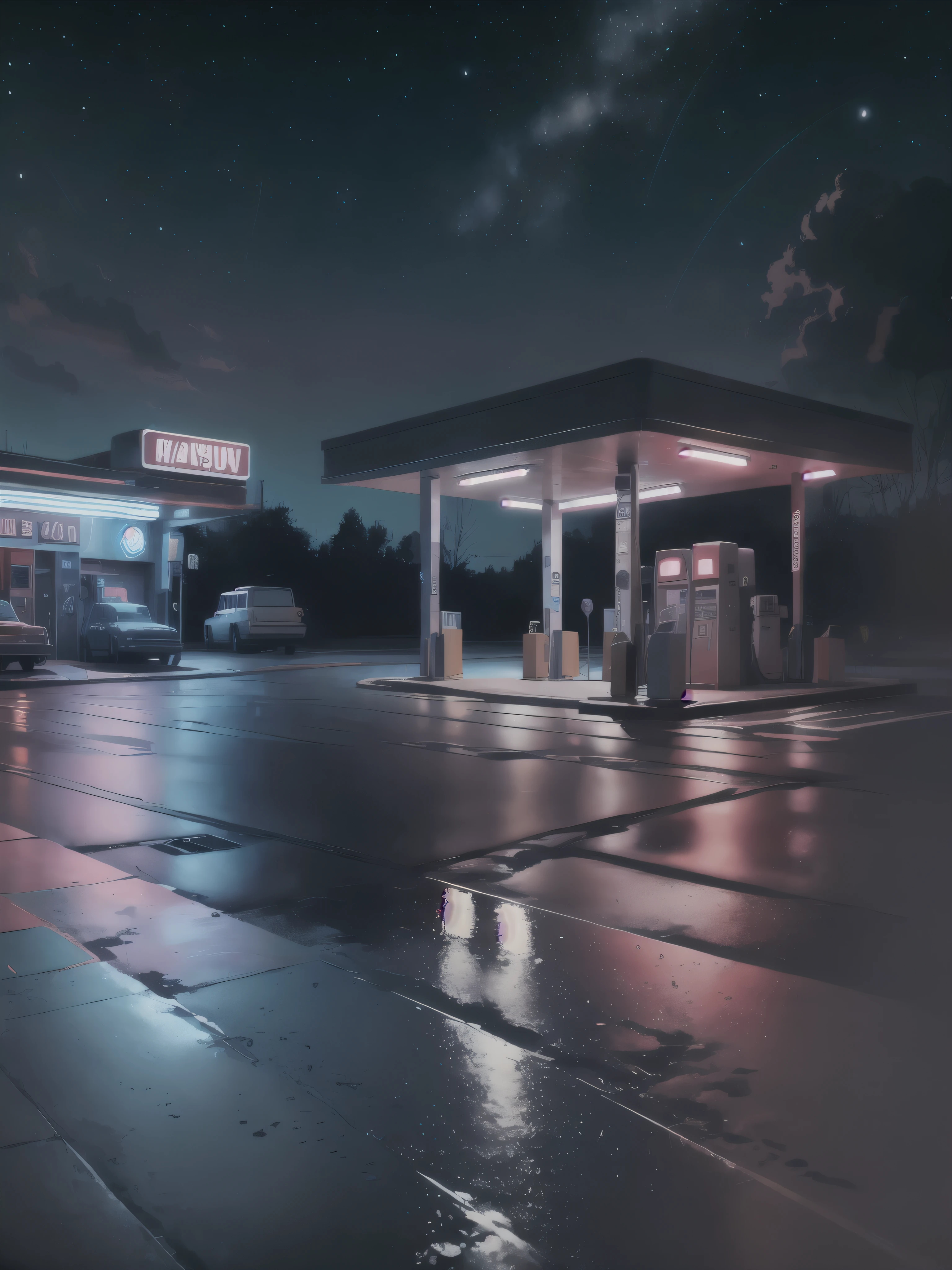 Studio Ghibli, Night scene of a gas station with a parked car, starry night, puddles of water on the floor, gas station in space, gas station, in the art style of Filip Hodas, "gas station photography, Arstation and Beeple Highly, 3 D render Beeple, Beeple and Tim Hildebrandt, Artem Demura Beeple, Recession Beeple, Makoto Shinkai style  