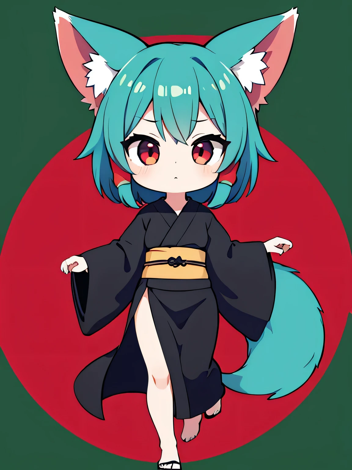 1girl,black kimono,aqua hair,red eye,bob hair,chibi,full body,green background,fox ears,simple background,