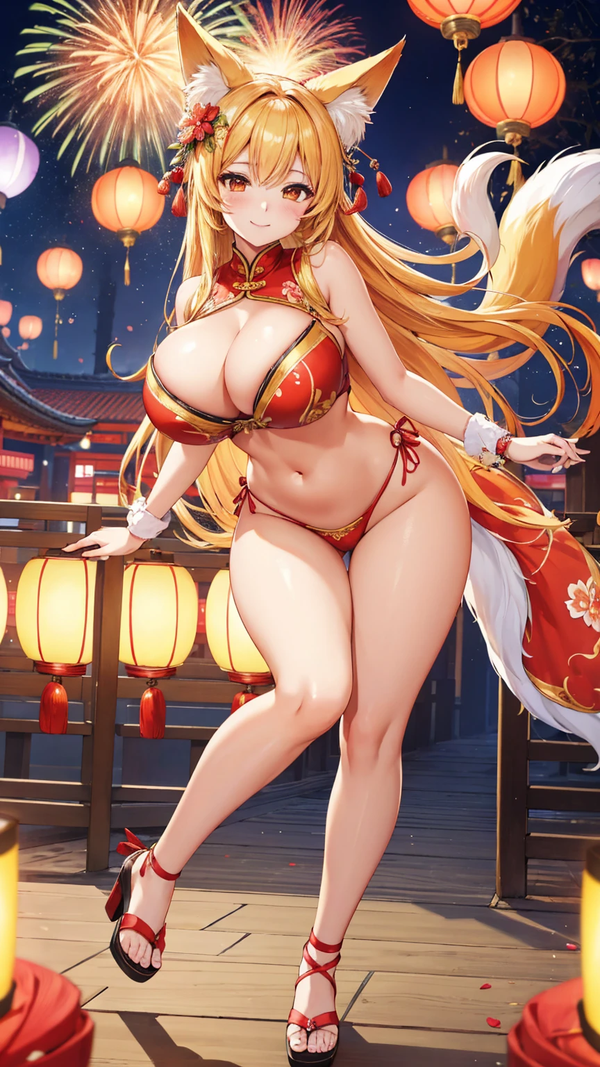 "A portrait of a radiant adult 9 tails fox girl with a warm smile directed at the viewer (showing her tits) ",Are standing_Split Wide-Angle, the background features a vibrant Chinese New Year celebration, lanterns, fireworks, traditional decorations, beautiful scenery, Breasts enlarged, elegant mature woman, large hips, big breast, Ahri, blonde hair, braid, flower on head, animal ears, fox ears, kemonomimi mode, pov, super detail, high quality, highres, masterpiece