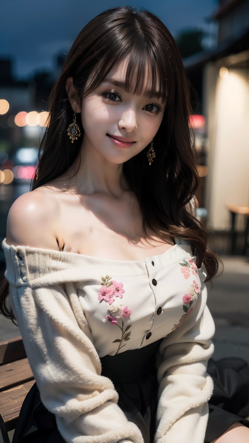 Upper body photo、Take close-up photos of your face、big breasts、Natural Lip、Fair skin、Great light、Beautiful lighting、brown hair、Blunt bangs、Detailed embroidery、Black dress、Off-the-shoulder jacket、Gorgeous Accessories、Knee-high socks、night、Outdoor Background、smile、Cute Smile