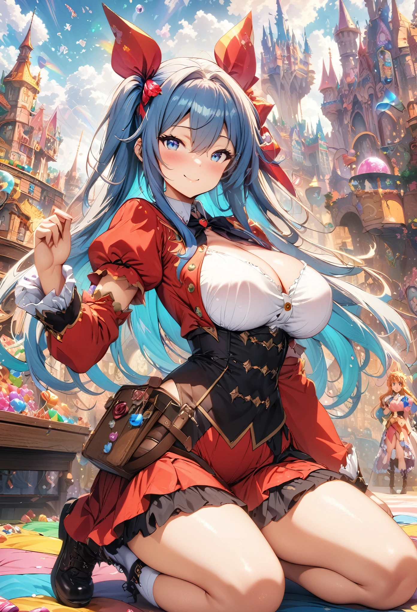 ((masterpiece, highest quality, Best image quality, High resolution)), ((Highly detailed CG synthesis 8k wallpaper)), candyland, Candy Kingdom, Candy Castle, fairy tale world, Candy house and juice fountain rainbow lined up, colorful, pop, Fantasy, dream-like, smile,Anime Girls with big breast posing on bed in uniform, seductive Anime Girls, attractive Anime Girls, Anime Best Girl, cute Anime Girls, (SFW) Safe at Work, Anime Girls, Anime Moe Art Style, pretty Anime Girls, beautiful Anime Girls, Smooth anime CG art, an Anime Girls, Naughty anime style, Naughty, Anime Girlss, Surreal