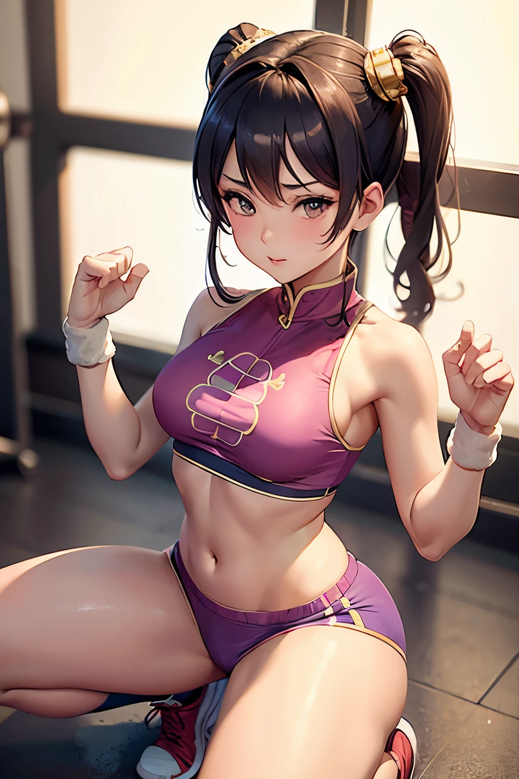 Chun li doing a squat in the gym, with a blushing face, wearing a small shorts and a small bra, High Resolution, detailed image UHD