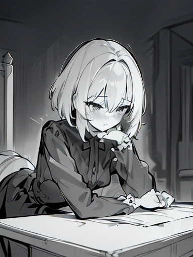 (a dynamic face pose),(best quality,highres:1.2),(physically-based rendering),(grayscale),(simple lighting),(concept artists),(brushstrokes),(flowing movement),(anatomical accuracy),(best perspective),(best scene),(anime girl),(young),(short hair),(sex life),(simple details),(focus on the simplest),(half-body),(cute),(sexy),(simple background),(manga),(thinking something),(looking away),(dynamic looks),(highing),(shine),(blushing),(hentai),(moaning),(obsessing),(masterbation)