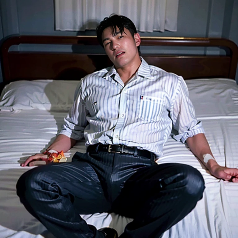 40-year-old boy ,Korean bulky male officer ,Wear white latex police uniform shirt................ navy blue pinstripe smooth tight long pants trouser, legs wide open, legs on shoulder, laying on bed, missionary POV, men drooling, Dark atmosphere，8K,Cinematic lighting effects，Textured skin，best qualtiy，Storytelling images，Storytelling images，dynamic blur，actionpose,  