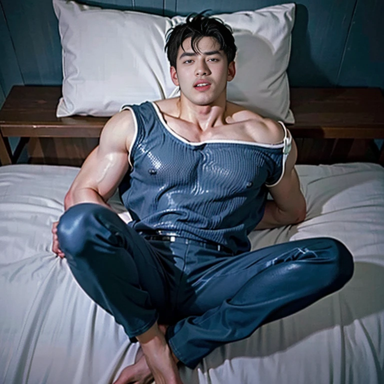 K-pop idol boy ,Korean bulky male officer ,Wear white latex police uniform shirt................ navy blue pinstripe smooth tight long pants trouser, legs wide open, legs on shoulder, laying on bed, missionary POV, men drooling, Dark atmosphere，8K,Cinematic lighting effects，Textured skin，best qualtiy，Storytelling images，Storytelling images，dynamic blur，actionpose,  slut , whore