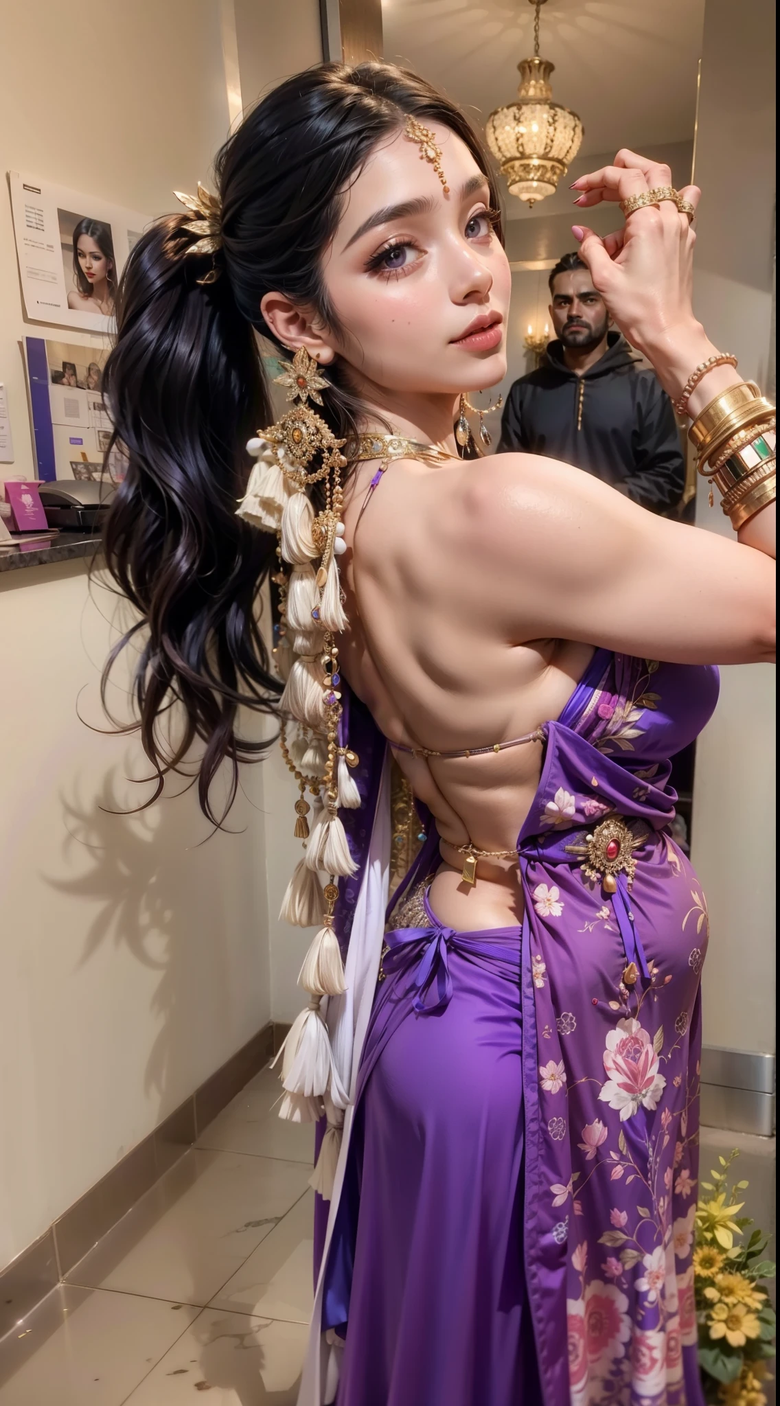 araffe woman in a purple dress holding a colorful object in her hand, showing her shoulder from back, she is dressed as a belly dancer, garbed in a purple gown, intricate outfit, wearing an elegant tribal outfit, indian style, wearing dress, very beautiful enga style, backview, tiktok video, revealing clothes, photo still of behind view, traditional beauty