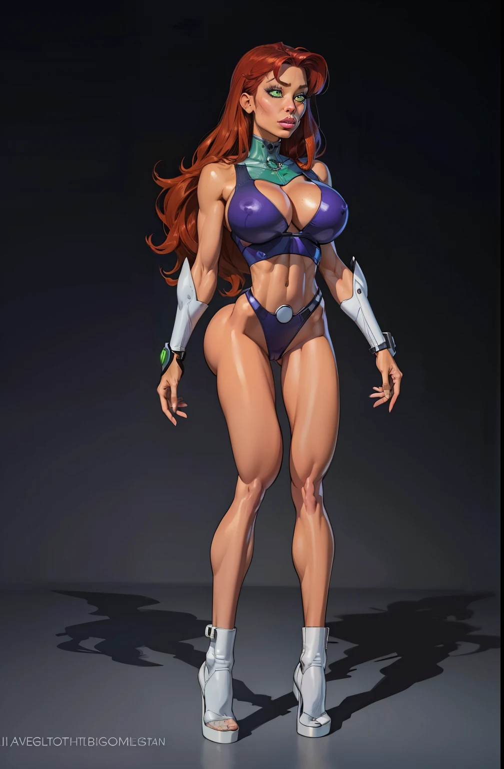 full body, standing on her feet, futuristic background, sexy appearance, starfire, red hair, ((orange skin)), ((wide hips)), gigantic breasts, narrow waist, breasts together, cleavage, makeup, (purple swimsuit), mascara, long hair, beautiful eyes, large iris, ((green eyes)), Lips are soft or colored, simple black background, simple color palettes, clean, Crisp drawings, fluid silhouettes,purple vintage futuristic swimsuit, retro futurism, retro futurism, Asymmetric, geometric, Different designs, simple silhouettes, Technology style, future, high fashion, Simplicity and sophistication, sexy, slim, short purple outfit, sexy, Erotic, cleavage, youthful appearance, sweaty, in a robot, Evangelion purple