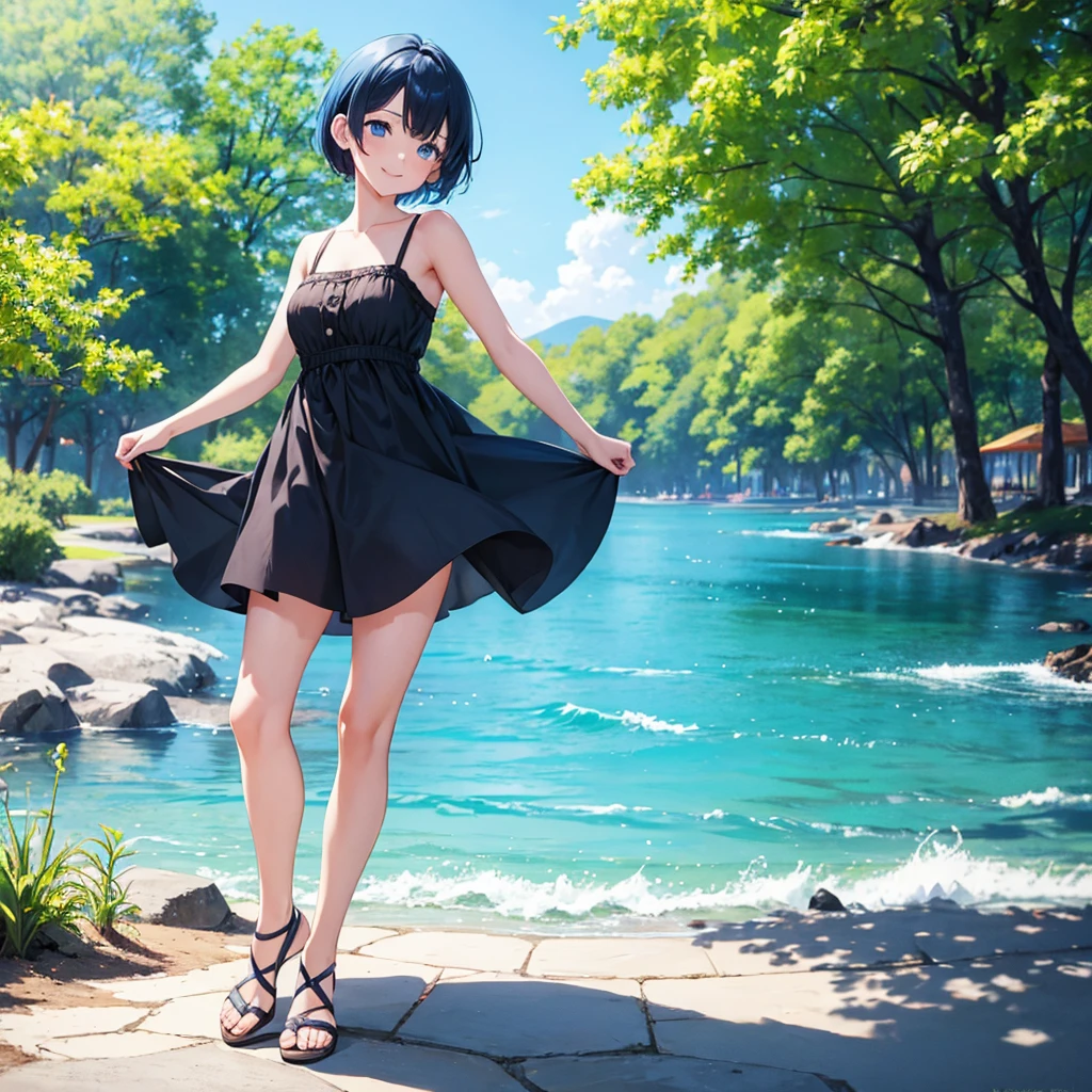 Girl short hair Blue hair Blue eyes Blue matching Smile confidently Correct limbs, black sundress, outdoor park background,