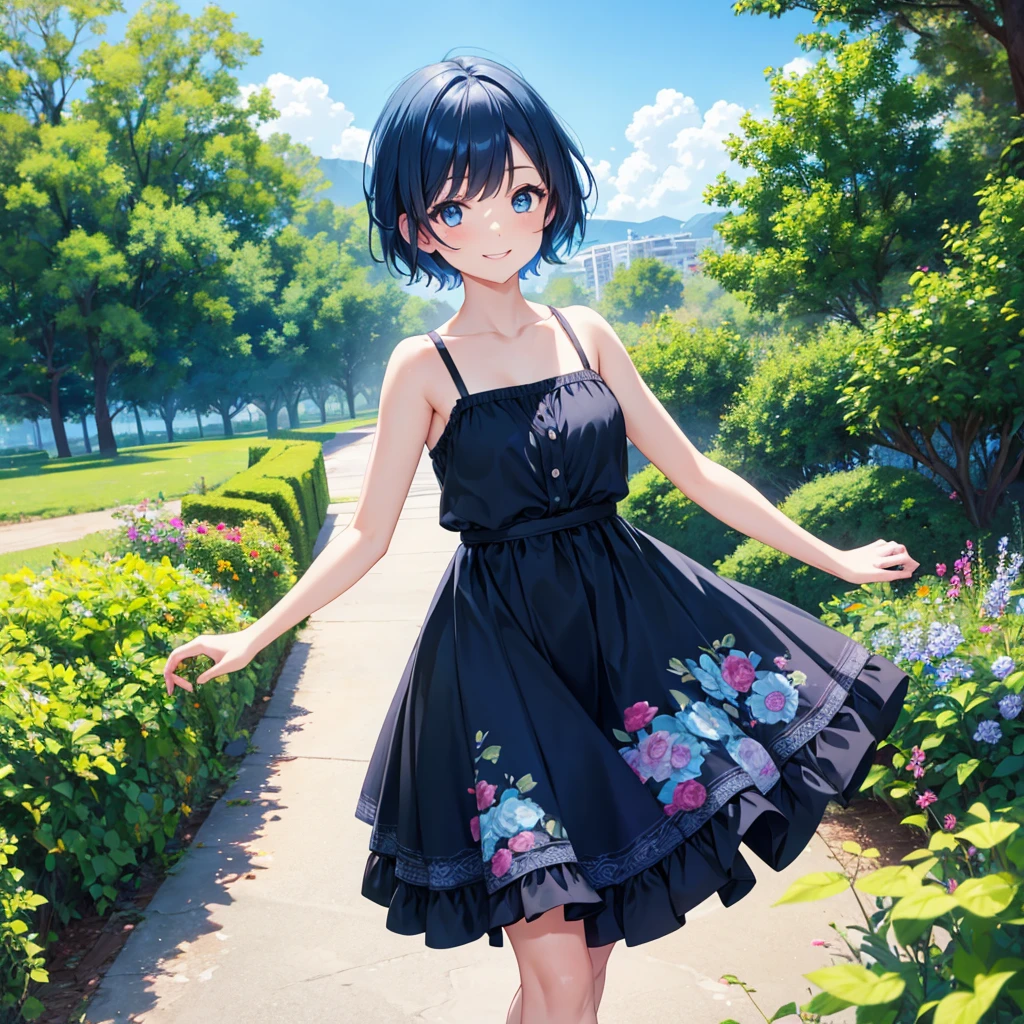 Girl short hair Blue hair Blue eyes Blue matching Smile confidently Correct limbs, black sundress, outdoor park background,