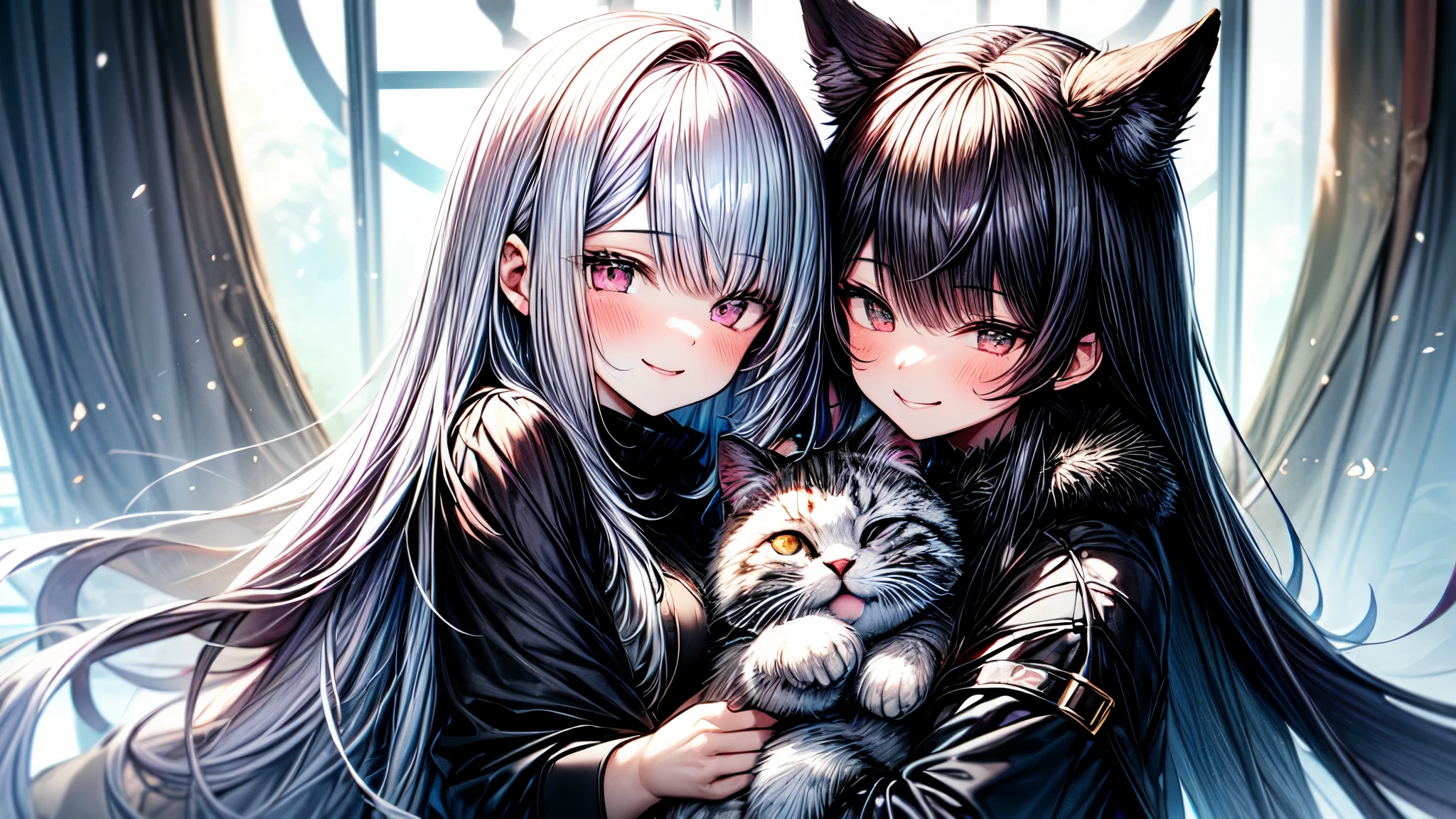 En medio de la nieve justo,((un gato negro grande y esponjoso)), y una chica vestida ((un abrigo largo hecho de piel de zorro plateado )), huddle together for warmth. The girl's long pink hair can be seen peeking out from under her fluffy fur hat... las mangas, Cuello, and the hem of the coat reveal glimpses of a high-necked mohair sweater dress.(( the girl smiles happily)),