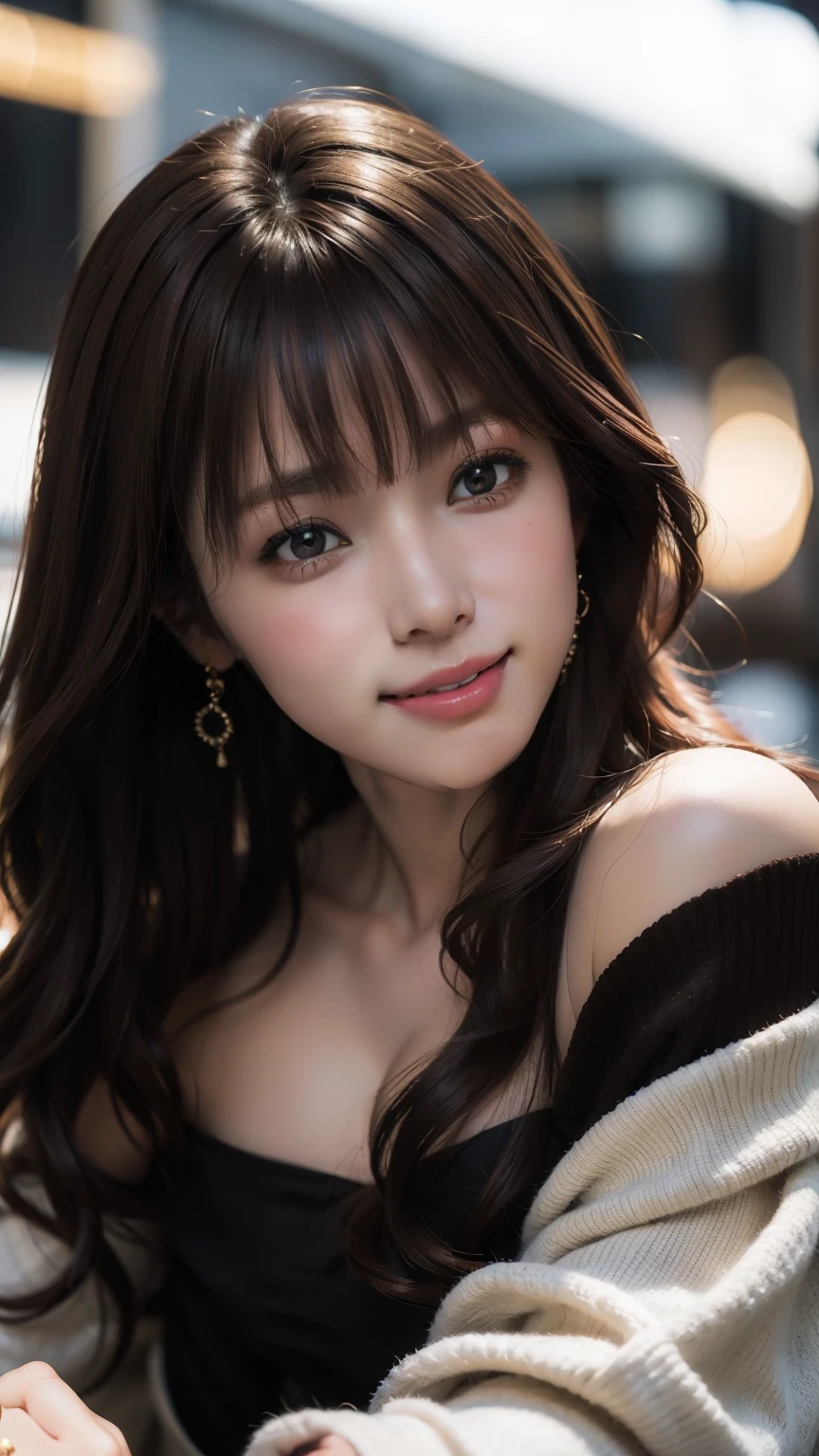 Upper body photo、Take close-up photos of your face、big breasts、Natural Lip、Fair skin、Great light、Beautiful lighting、((brown hair:1.2))、Blunt bangs、Detailed embroidery、Black dress、Off-the-shoulder jacket、Gorgeous Accessories、Knee-high socks、night、Outdoor Background、smile、Cute Smile