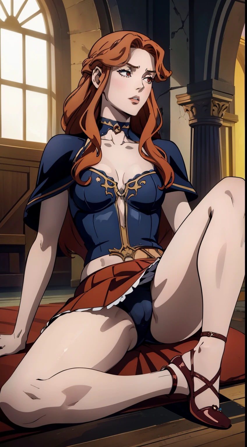 ((foto de corpo inteiro)), ((foto realista)), 1 girl, (colete: 1.2), 8k, high-res, pele finamente detalhada, lingerie, seios enormes, lenore from castlevania, vampire, red hair, skirt, sitting, toned legs, heels, dominant, low angle, upskirt, athletic, skinny, toned, smaller body, thin waist, from below, crossed legs, highly detailed realisticly proportioned legs, toned legs, foot stepping on man below who is laying down on floor, foot touching man's penis underneath