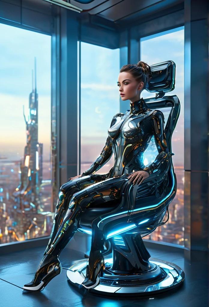(high quality, ultra-detailed, photorealistic)(office interior, skyscraper:1.2,big city) A female cyborg sitting leisurely in a luxurious chair, with her feet up, interacting with the futuristic environment around her. She exudes elegance and sophistication. The chair features exquisite design and intricate parts showcasing fine craftsmanship. The cyborg's body is half-human and half-machine, with meticulously detailed trimmings accentuating her slender form. The office is magnificently designed with sleek and modern architecture. The scene is bathed in HDR lighting with vibrant and vivid colors, creating a breathtaking visual appeal. The cyborg's body is rendered with hyper-realistic detail, including natural skin textures and soft lighting to enhance the atmosphere. This artwork captures the fusion of technology, beauty, and complexity, resulting in a masterpiece that immerses the viewer in a futuristic yet familiar world.