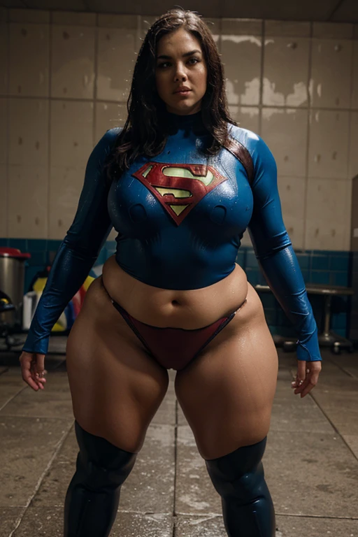 bbw superheroine with wet spandex in her crotch is standing and paralyzed, full body,