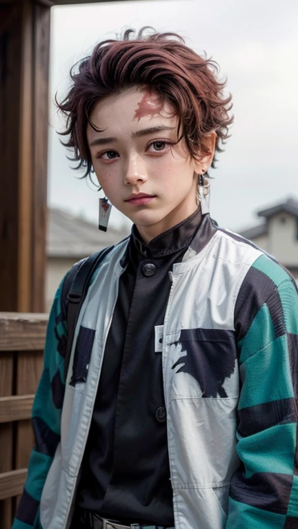 1 boy,more details in eyes,cute,looking at viewer, adorabel boy,cute face,details sky,handsome,young,juvenile, blush, ((masterpiece:1.4,best quality)),multiple details, eyeshadow,sfw,(TANJIRO), (ORIGINALOUTFIT), (SCAR,SCAR ON FOREHEAD, CHECKERED CLOTHES, 1BOY, RED HAIR)