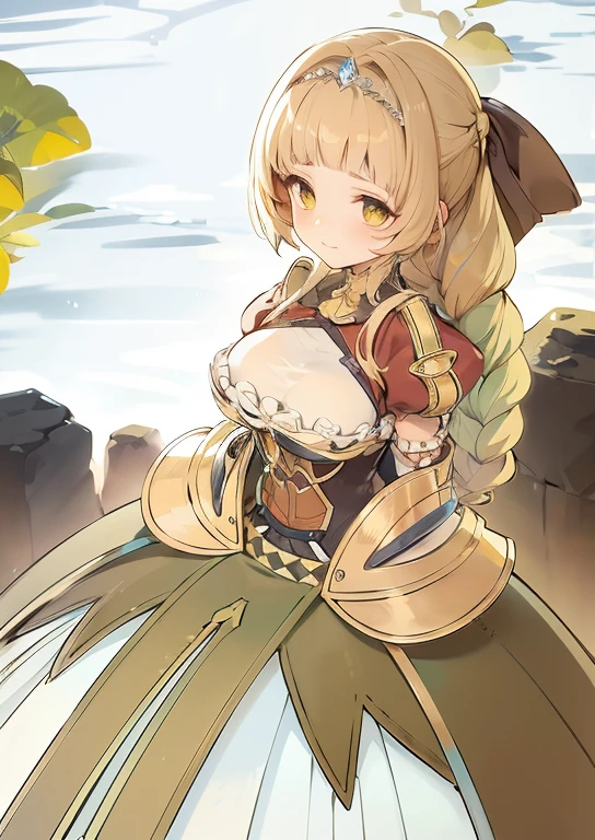 ladyknight,whitearmor,twintails,yellowlonghair,largebust,yelloweyes,white tiara,highquality,ultradetailed,vividcolors,photorealistic,portrait,painting-medium,softlighting,richcolors,lushbackground,ornatedetails,beautifulfacialfeatures,captivatingexpression