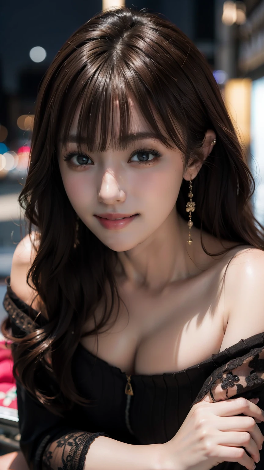 Upper body photo、Take close-up photos of your face、big breasts、Natural Lip、Fair skin、Great light、Beautiful lighting、((brown hair:1.2))、Blunt bangs、Detailed embroidery、Black dress、Off-the-shoulder jacket、Gorgeous Accessories、Knee-high socks、night、Outdoor Background、smile、Cute Smile