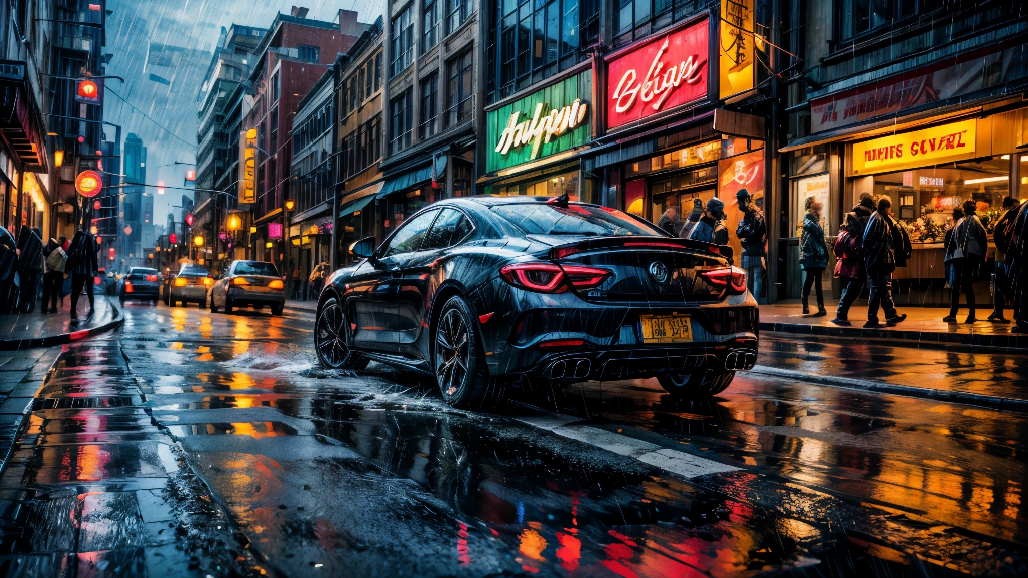 landsape, view from the side road, downpour, modern city, trafic lights, dark night, neon advertisement, wet asphalt, beautiful reflection, perfect reflections, a lot of cars, calm atmosphere, city lights, ray tracing, unreal engine, Hyperrealism, bloom, first-person view, wide shot, highres, best quality, 4K, masterpiece, retina, super detail