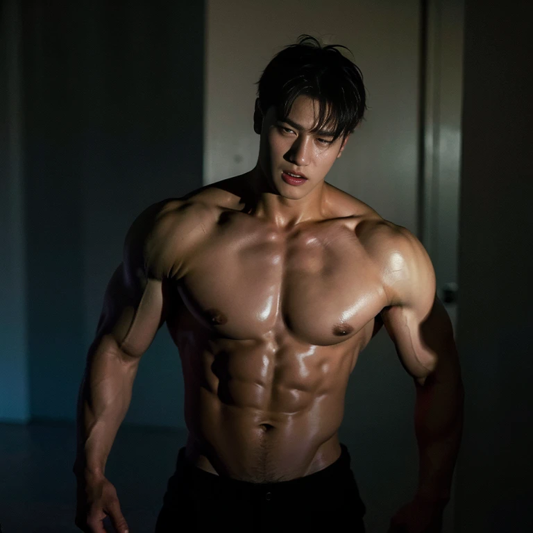 K-pop idol boy ,Korean bulky male  ,nude , naked ,  men drooling, Dark atmosphere，8K,Cinematic lighting effects，Textured skin，best qualtiy，Storytelling images，Storytelling images，dynamic blur，actionpose, standing , dynamic pose