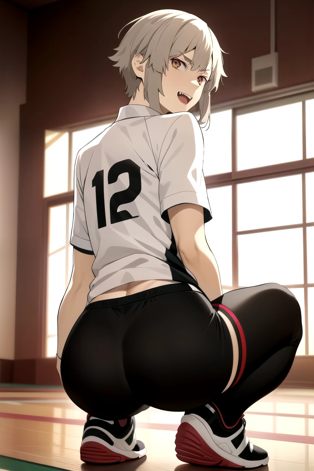 masterpiece, best quality, high quality, 1boy, solo, male focus, looking at viewer, nakajima_atsushi, grey hair, (volleyball uniform: 1.2),t-back side binding, de costas para o espectador, olhando para o espectador, de baixo, nadegas a mostra, squatting de costas, from behind, squatting, virilha exposta, sexual expression, fangs
