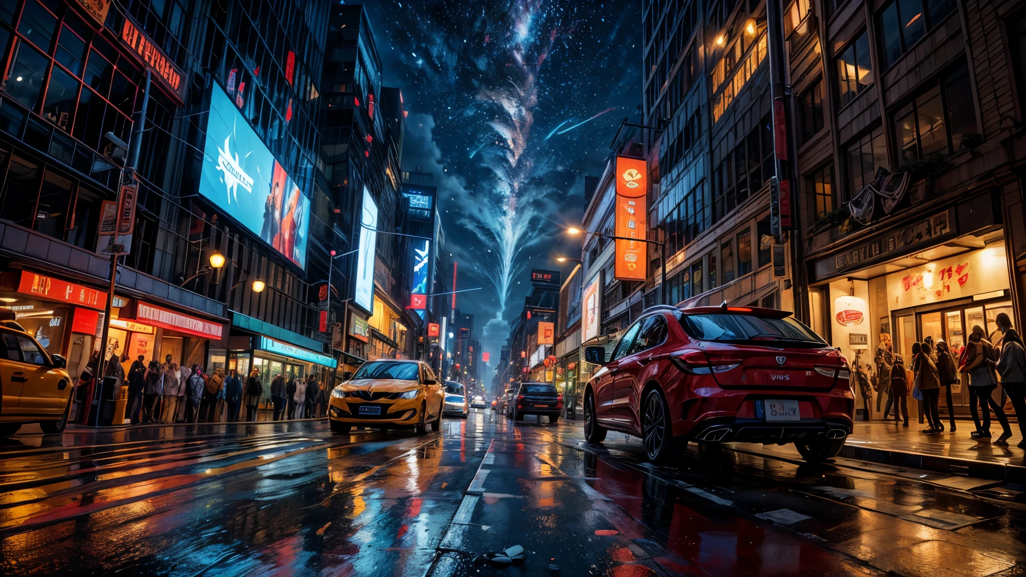  landsape, view from the side road, downpour, modern city, trafic lights, dark night, neon advertisement, wet asphalt, beautiful reflection, perfect reflections, a lot of cars, calm atmosphere, city lights, ray tracing, unreal engine, Hyperrealism, bloom, first-person view, wide shot, highres, best quality, 4K, masterpiece, retina, super detail