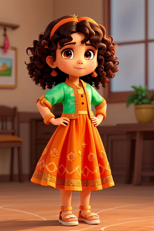 A little curly hair girl, showing her mehdni designed hands, Watercolor, perfect quality, (masterpiece: 1.2) (Bokeh background) (Best quality) (Detailed Skin: 1.3) (Intricate Details) (8K) (Detail Eyes) (Sharp Focus), (Happy), best lighting, orange color lehnga , wearing pakistani brand Mohsin Naveed Ranjha Lehnga, cheering, fancy little one bag in hand, orange dress, red dupatta , wearing flip flop slippers in feets