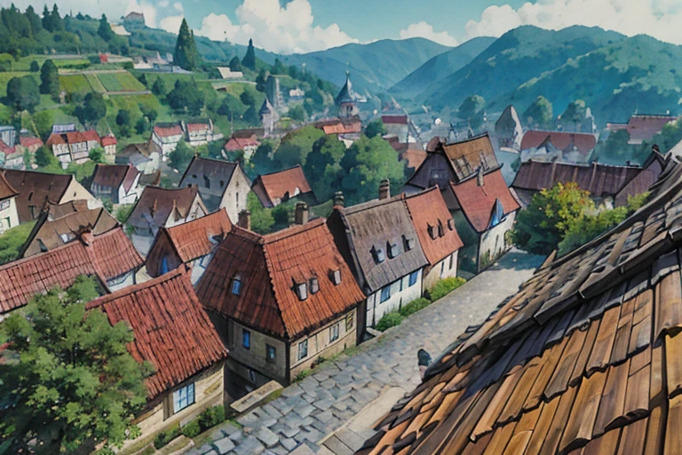 big slavic ((ghibli)) fantasy city, thatched roofs, early medieval, hilly city, tightly packed houses, narrow passages, tight spaces, clustered settlement, POV