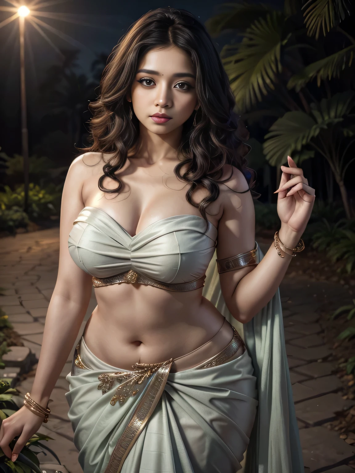 Young Indian woman, topless saree, strapless, garden, night, detailed body, detailed face, ultra realistic, charming, cute, big hazel eyes with long curly hair, curvy body, dynamic pose, perfect anatomy, perfect fingers, ambient lighting, winter, detailed background, 8k