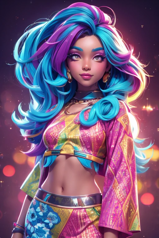 A woman in a colorful outfit posing for a picture, A brown skin, cyber girl, pretty face, sparkling simple make up, hippie clothes, sparkling pictures, high quality pictures