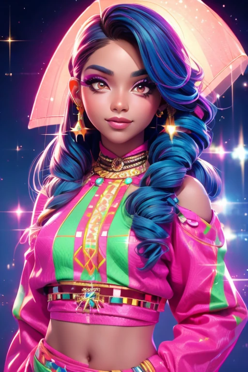 A woman in a colorful outfit posing for a picture, A brown skin, cyber girl, pretty face, sparkling simple make up, hippie clothes, sparkling pictures, high quality pictures