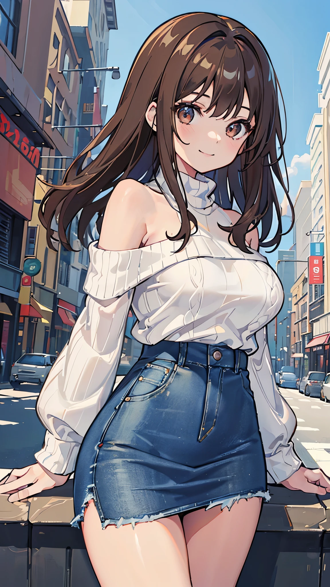 (8K、Highest quality、highest quality、masterpiece)、Detailed face、((One girl))、brown hair、Medium Hair、Brown eyes、smile、big breasts、((White sweater))、Off the shoulder、Strapless、((denim pencil skirt))、Cowboy Shot、City Background