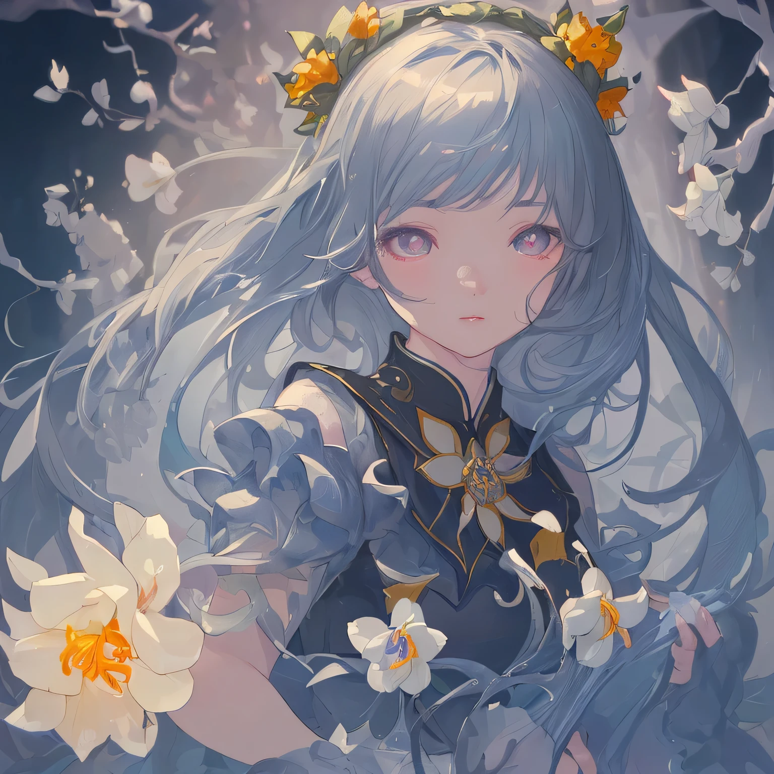 Artwork with a sweet osmanthus motif, ((highest quality)), High resolution, 8k, Cinematic Light, High Contrast, Written boundary depth, Strong brilliance, Detailed Background, One Girl, cute, fine grain, Shining Eyes, Detailed Iris,