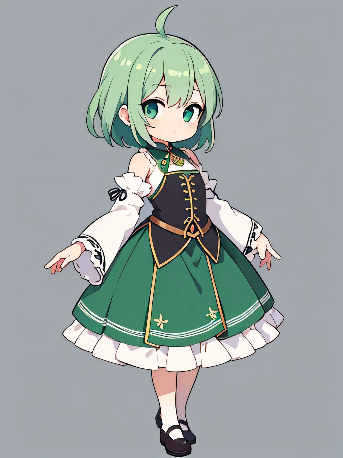 1girl,beautiful detailed eyes,frilled_sleeves,sleeves,arms at sides,upright,concept art,solo,cowboy shot,full body,looking at viewer,grey background,simple background,chibi,green hair,