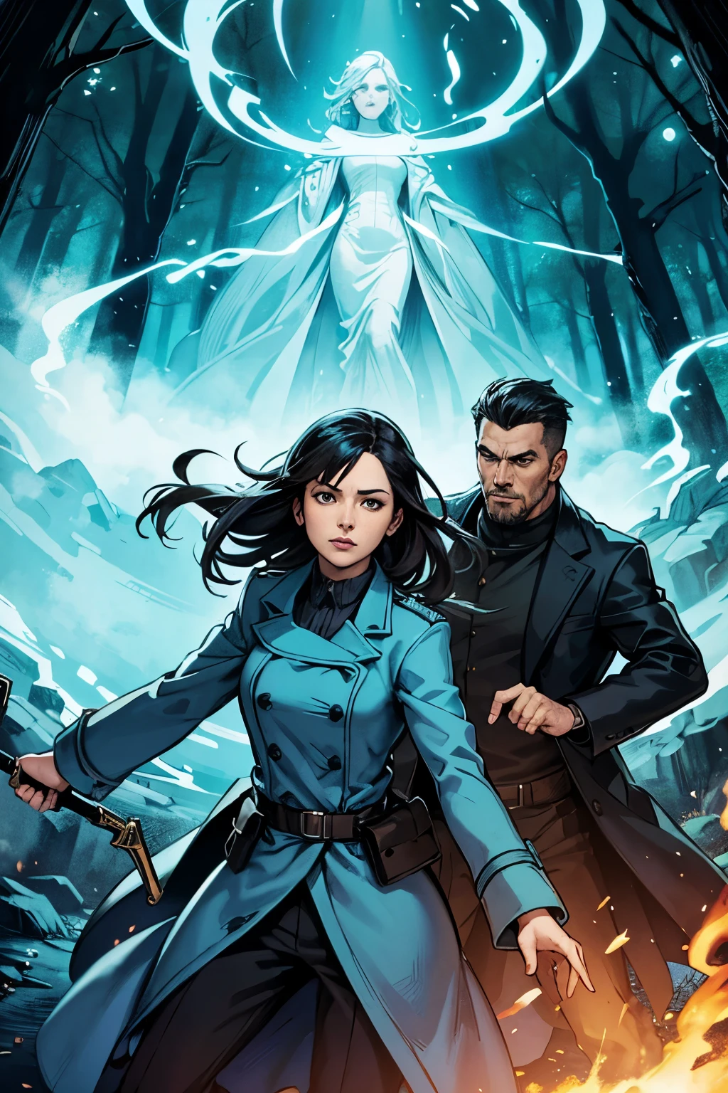 In the foreground a man in an overcoat, in the background a woman, fighting side by side against spirits, in the background a turquoise portal, forest