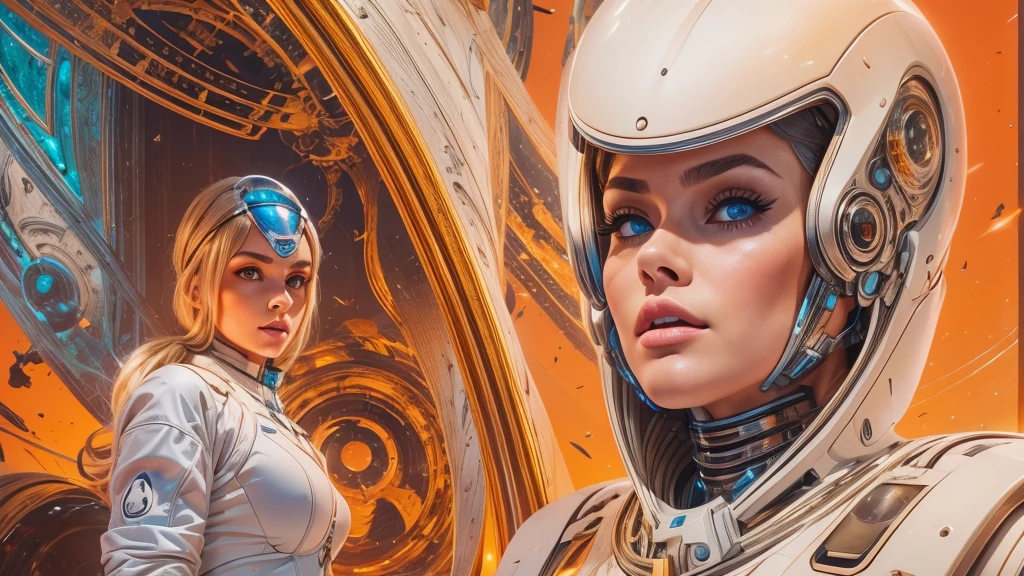 arafed image of a white woman in a futuristic suit with a spaceship in the background, movie art, in front of an orange background, inspired by Robert McGinnis, female protagonist, megastructure in the background, portrait of an ai astronaut, astronauts, an astronaut, portrait of a astronaut skeletor, perfect android girl, detailed eyes, perfectly detailed teeth, frank franzzeta and sakimichan