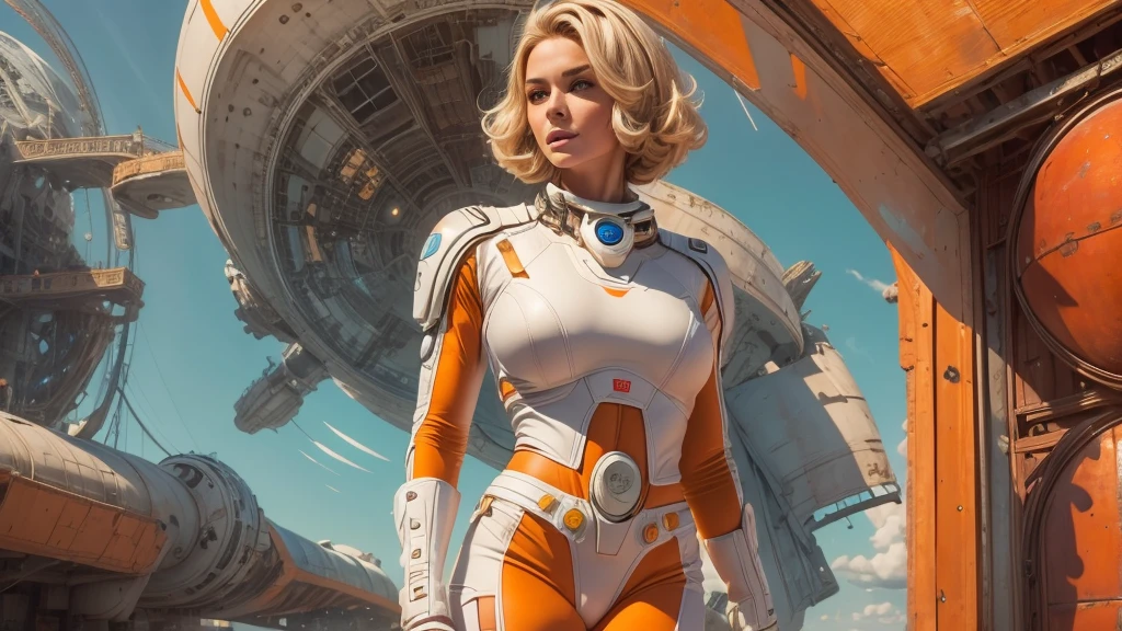 arafed image of a white woman in a futuristic suit with a spaceship in the background, movie art, in front of an orange background, inspired by Robert McGinnis, female protagonist, megastructure in the background, portrait of an ai astronaut, astronauts, an astronaut, portrait of a astronaut skeletor, perfect android girl, detailed eyes, perfectly detailed teeth, frank franzzeta and sakimichan  