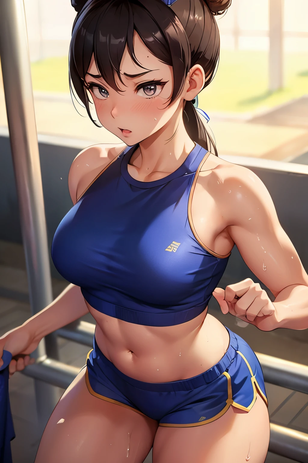 Chun li wiping sweat with a towel at the gym, sweating in wet clothes, face flushed, wearing small shorts and a small bra, detailed image, high resolution, UHD
