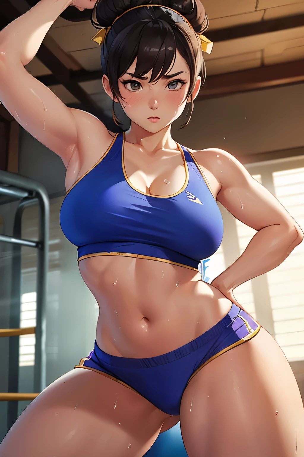 Chun li wiping sweat with a towel at the gym, sweating in wet clothes, face flushed, wearing small shorts and a small bra, detailed image, high resolution, UHD