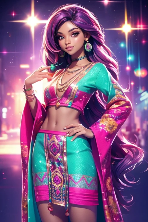 A woman in a colorful outfit posing for a picture, A brown skin, cyber girl, pretty face, sparkling simple make up, hippie clothes, sparkling pictures, high quality pictures