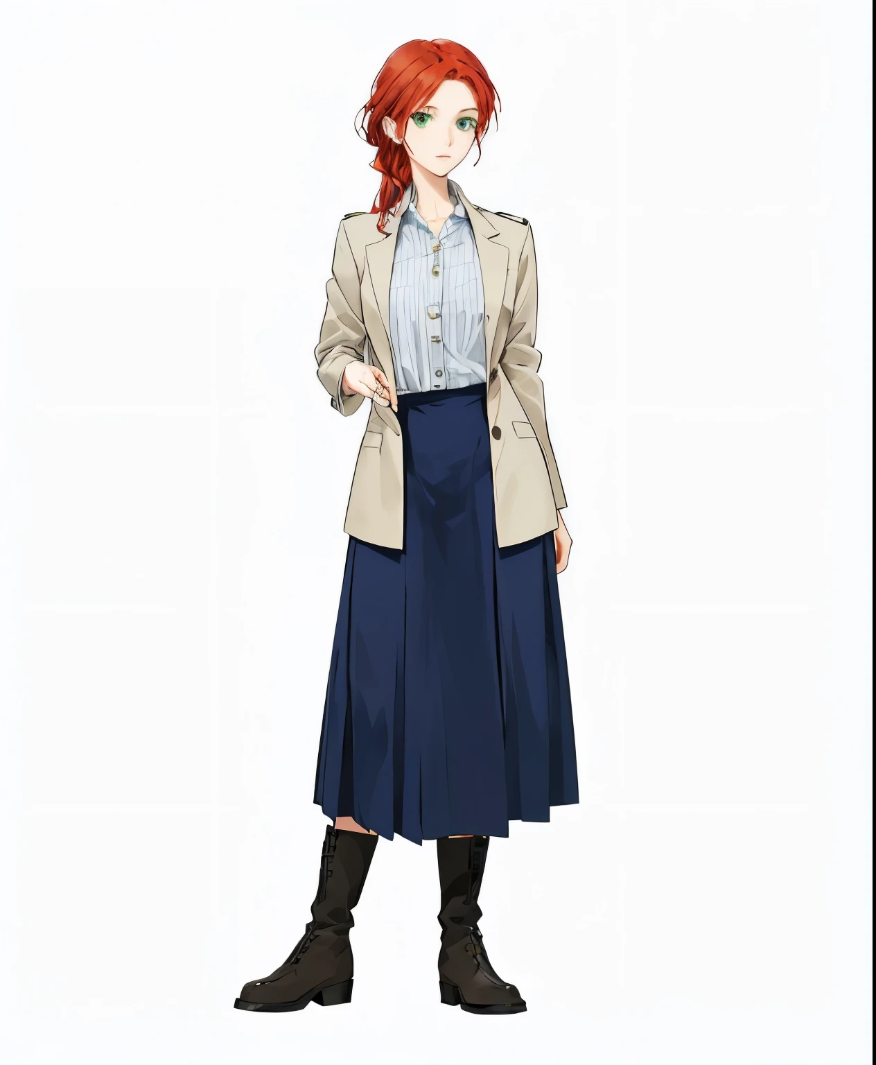 anime character dressed in an old patched up navy blue skirt a grey jacket jacket and a simple button up white shirt, young woman, standing with her hands on her hips, slender physique, green eyes, auburn red hair, confident look, looking at the camera, single character, full body illustration,, character full body portrait, full-body character portrait, official character art
