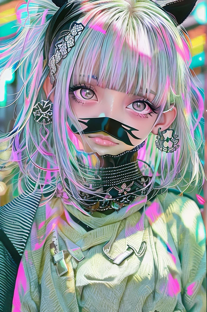 Goth_punk, One girl, alone, Medium Shot, Walking around Harajuku, ((at night)), Bokeh, Neon Light, Rainbow Eyes, Starry Sky, 白いShiny Hair, White eyebrows, Shiny Hair, (Iridescent white hair), Earrings, bangs, jewelry, mask, blunt bangs, Green Eyes, mouth mask, Blurred background, Blurred, hair ornaments, View your viewers, short hair, Portraiture, Side Lock