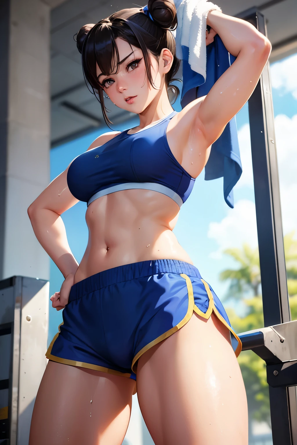 Chun li wiping sweat with a towel at the gym, sweating in wet clothes, face flushed, wearing small shorts and a small bra, detailed image, high resolution, UHD