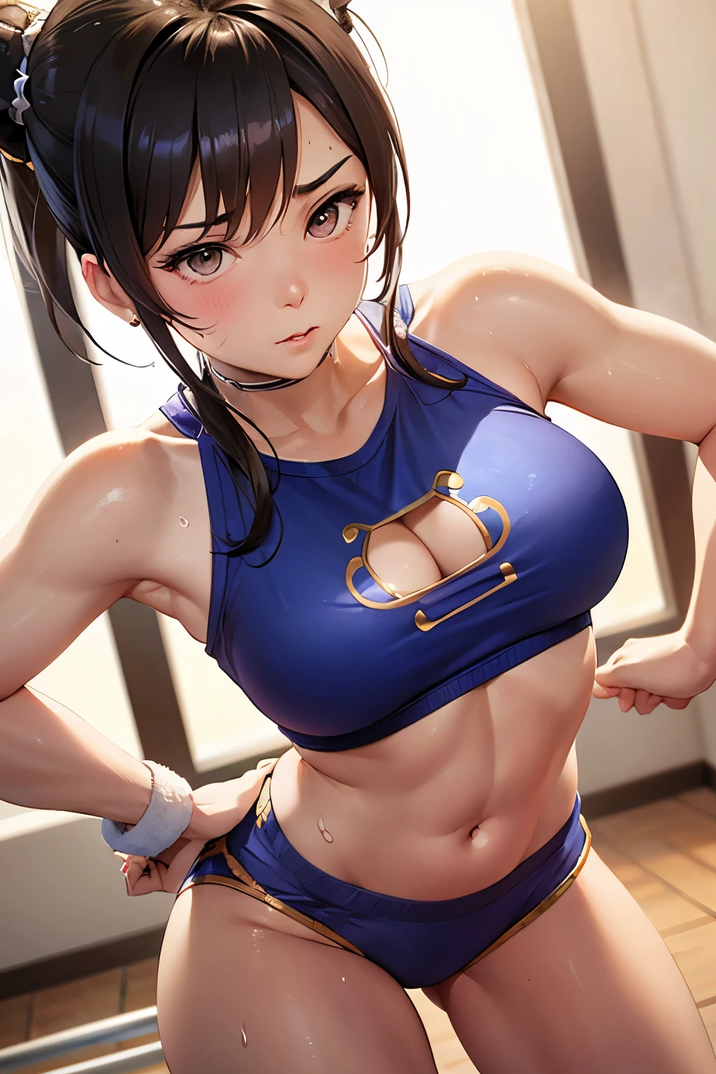 Chun li wiping sweat with a towel at the gym, sweating in wet clothes, face flushed, wearing small shorts and a small bra, detailed image, high resolution, UHD