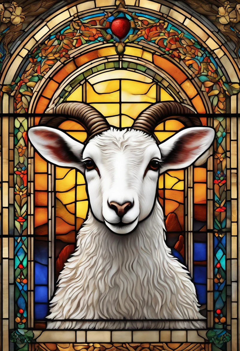 (best quality,4k,8k,highres,masterpiece:1.2),ultra-detailed,(realistic,photorealistic,photo-realistic:1.37),Colorful stained glass window,figure of a lamb in the center,crown of thorns,blood drops on thorns,luminous colors,vibrant hues,fine details,glass texture,light shining through the window,divine atmosphere,religious symbolism,shadows and reflections,artistic interpretation,stained glass art,richly detailed design,sacred imagery,dazzling visual impact,traditional craftsmanship,meticulous craftsmanship,mesmerizing patterns,translucent beauty,holy radiance,varied color palette,illuminated artwork,spiritual significance,serene ambiance,ethereal glow,subtle gradations,brilliant luminosity,sacred illumination,transcendent aura,intricate motifs,captivating artistry,divine light,soothing tranquility,graceful contours,religious devotion,dynamic composition,harmonious balance,emotional depth,spiritual journey,symbolic representation,awe-inspiring spectacle,peaceful contemplation.
